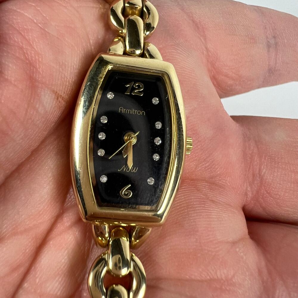 Vintage Armitron gold ladies narrow wrist watch black and rhinestone face - Picture 3 of 10